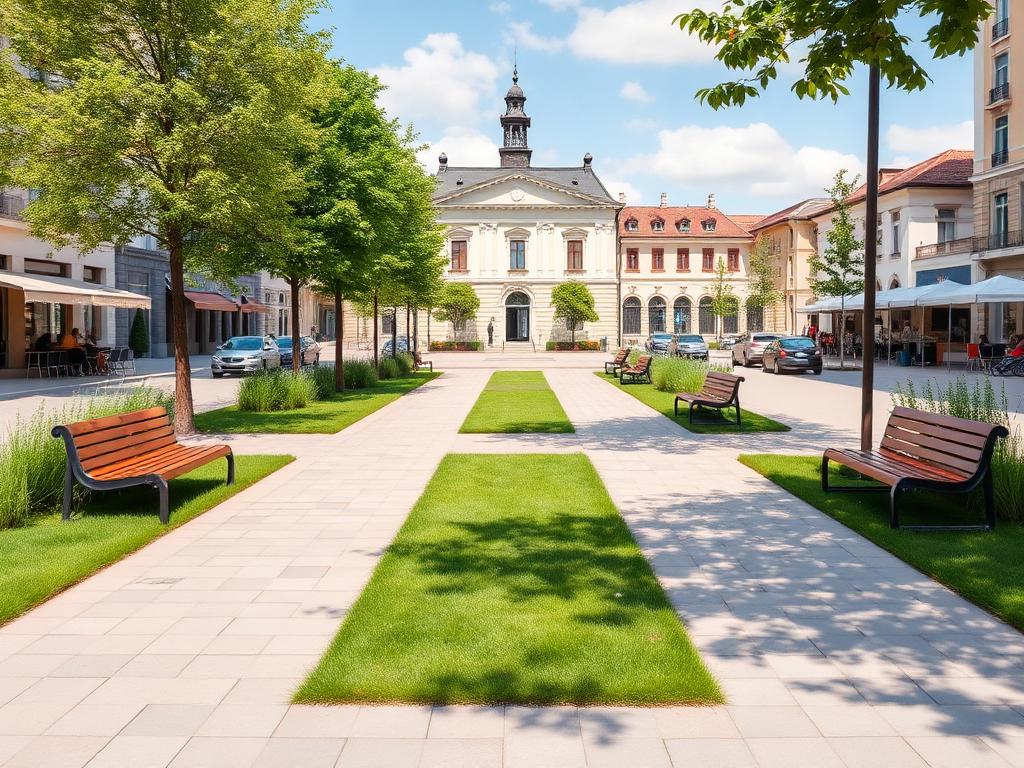 Amenajare urbană cu gazon artificial în fața unei primării, cu bănci și alei pavate
