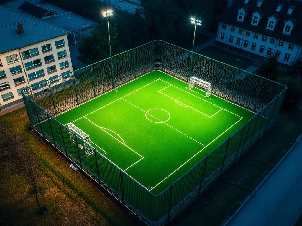 Teren de minifotbal împrejmuit, amenajat în curtea unei școli